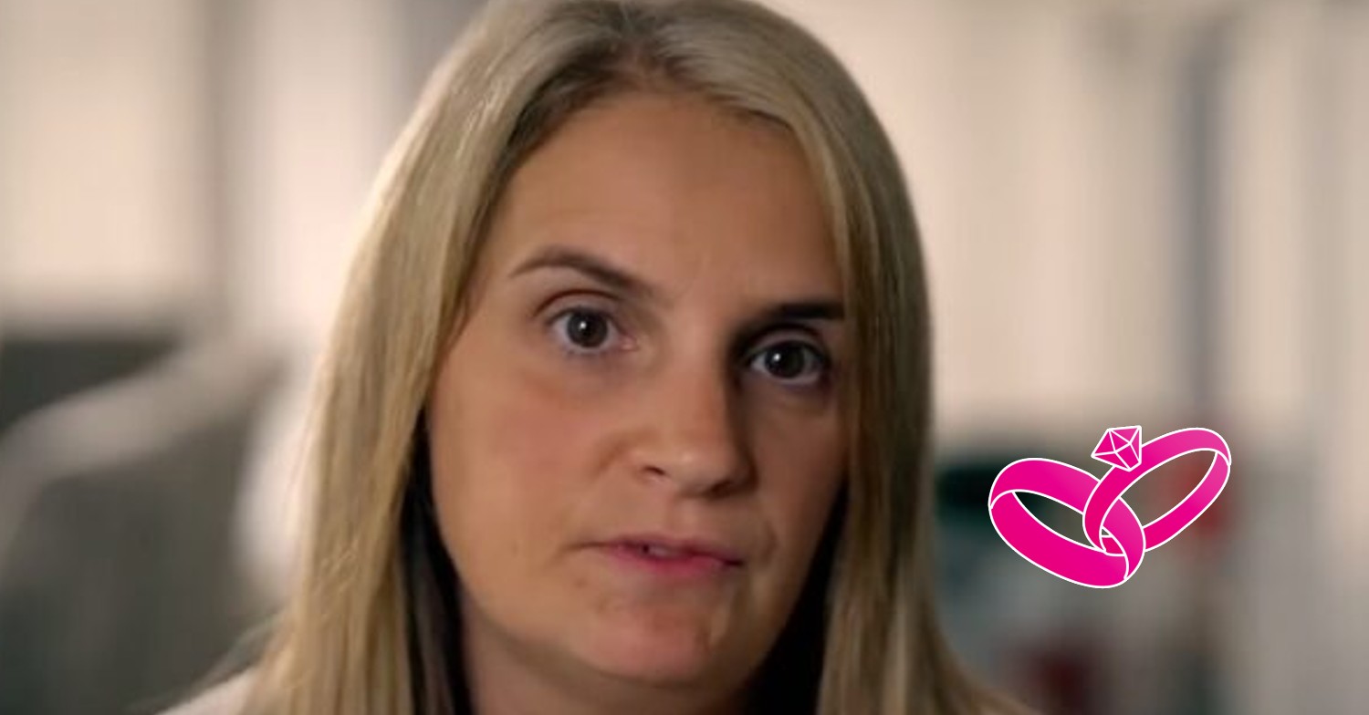 Sue Radford looking worried next to a wedding ring emoji