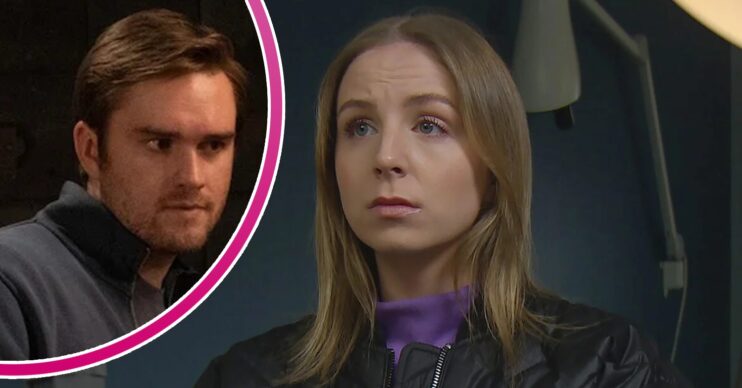 Belle looks worried on Emmerdale; inset, Tom looking sinister (Credit: ITV/Composite: ED!)