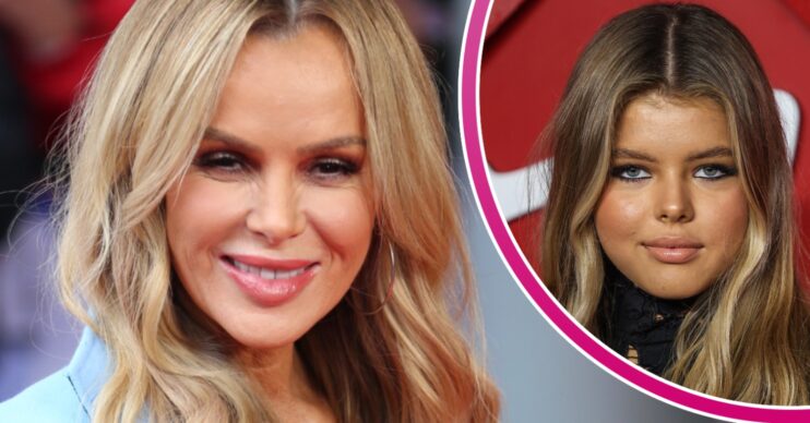 Amanda Holden smiling wearing a blue blazer beside daughter Lexi Hughes pouting
