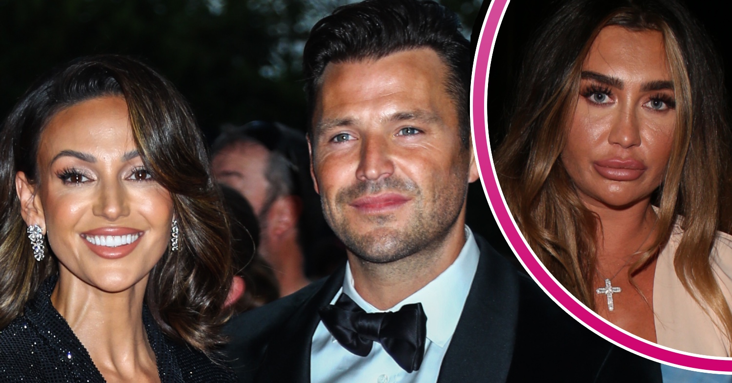 Michelle Keegan smiling beside a smirking Mark Wright and a frowning Lauren Goodger