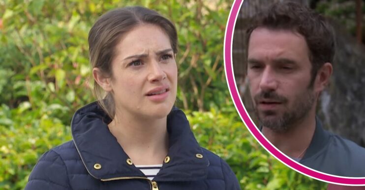 Victoria looks confused on Emmerdale; John Sugden inset (Credit: ITV/Composite: ED!)