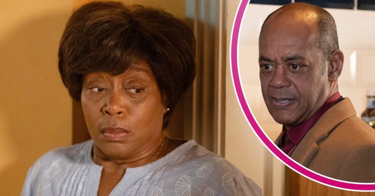 Yolande looks upset on EastEnders; inset, Pastor Clayton (Credit: BBC/Composite: ED!)
