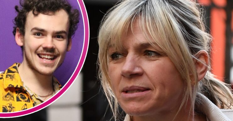 Zoe Ball looking concerned and son Woody inset smiling