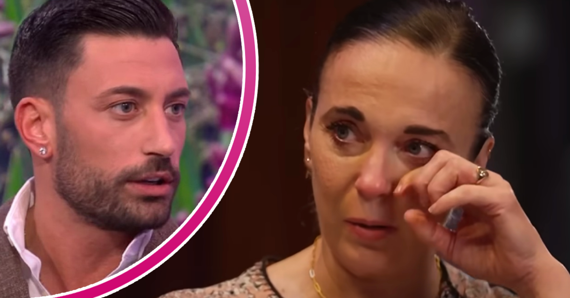 Giovanni Pernice with shocked expression beside a weeping Amanda Abbington