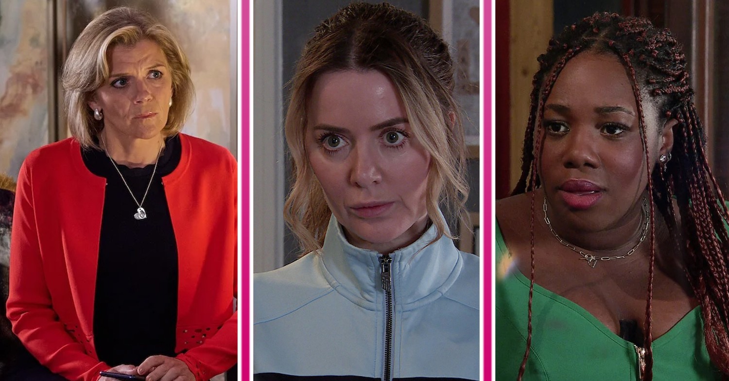 Leanne, Abi and Dee-Dee serious in Coronation Street