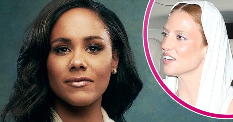 Alex Scott looking to camera and Jess Glynne inset