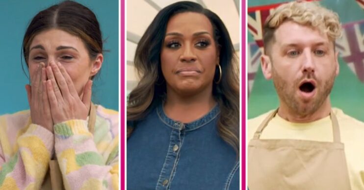 Great British Bake Off host Alison Hammond looking concerned alongside two shocked contestants