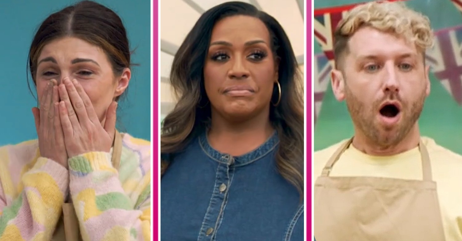 Great British Bake Off host Alison Hammond looking concerned alongside two shocked contestants