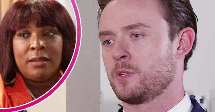 Coronation Street Joel, and in a bubble is Aggie