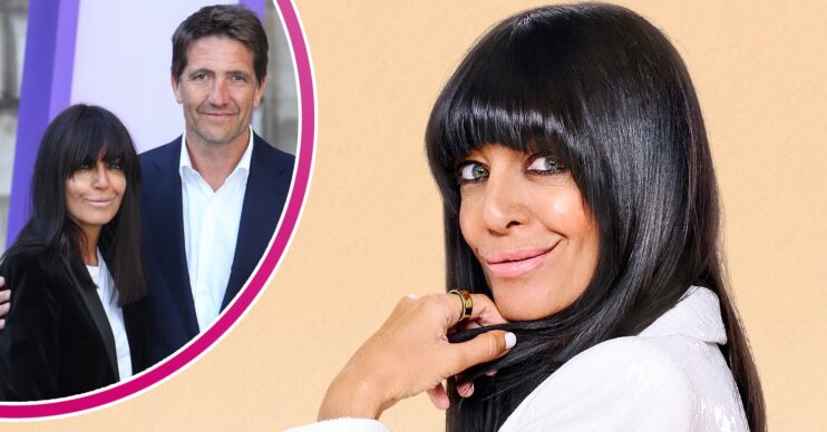 Claudia Winkleman smiling and inset with husband Kris
