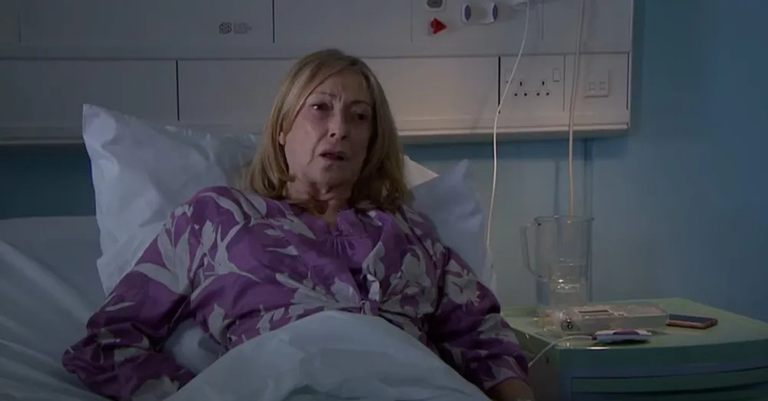 Helen in a hospital bed on Emmerdale