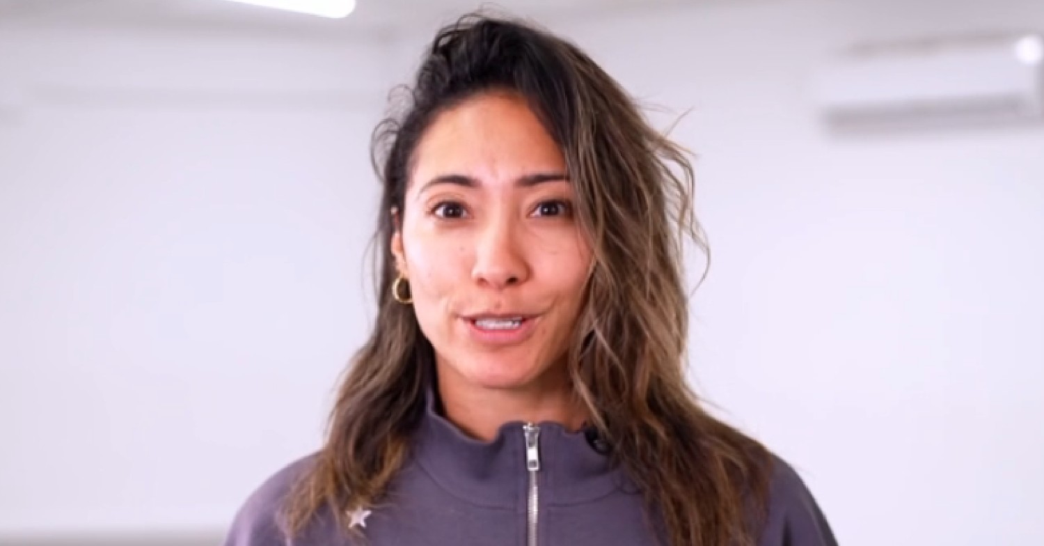 Karen Hauer speaking to the camera in Strictly training