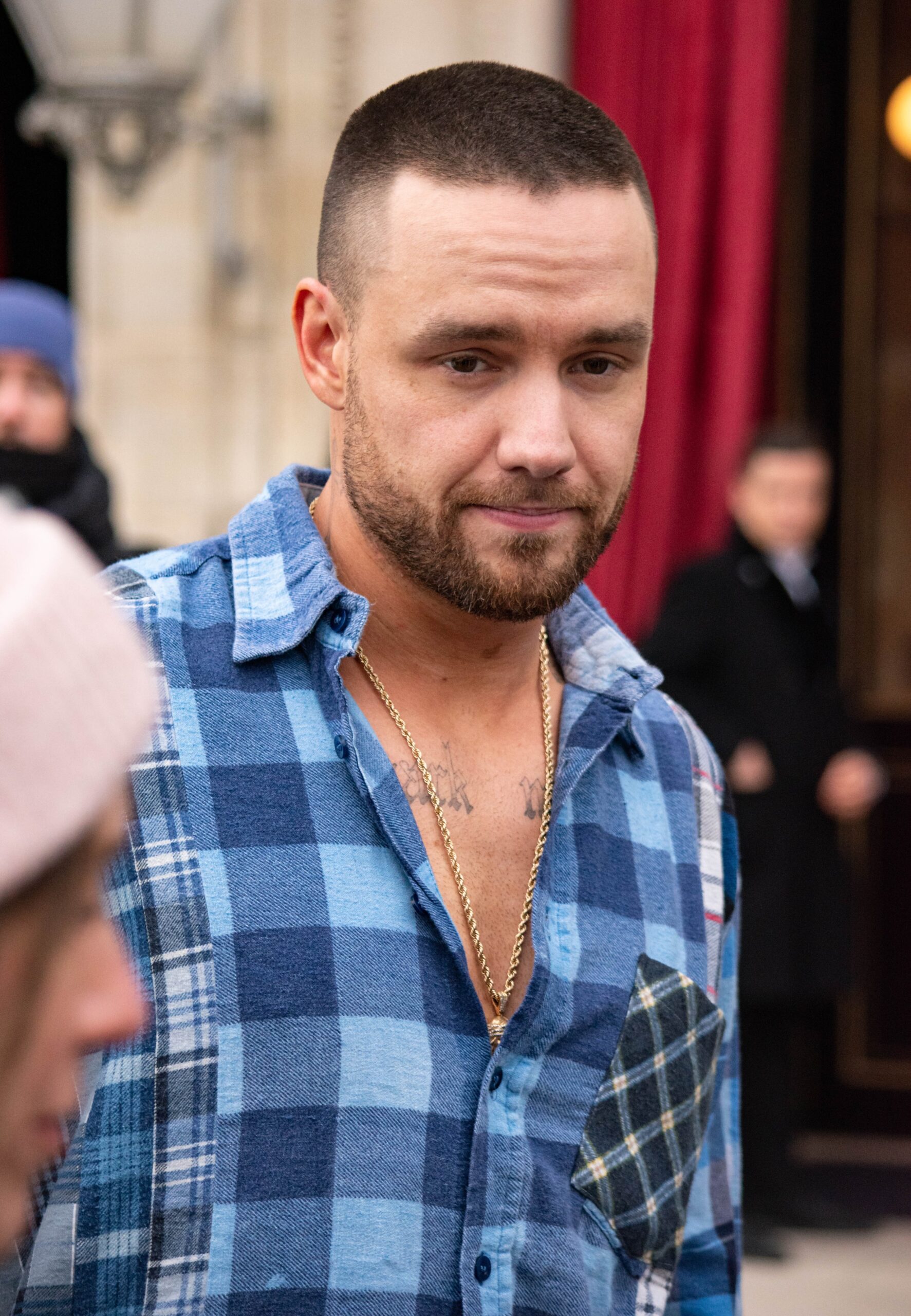 Liam Payne in blue checkered top