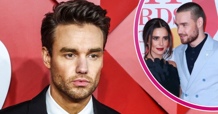 Liam Payne posing at event and smiling next to Cheryl at BRITs