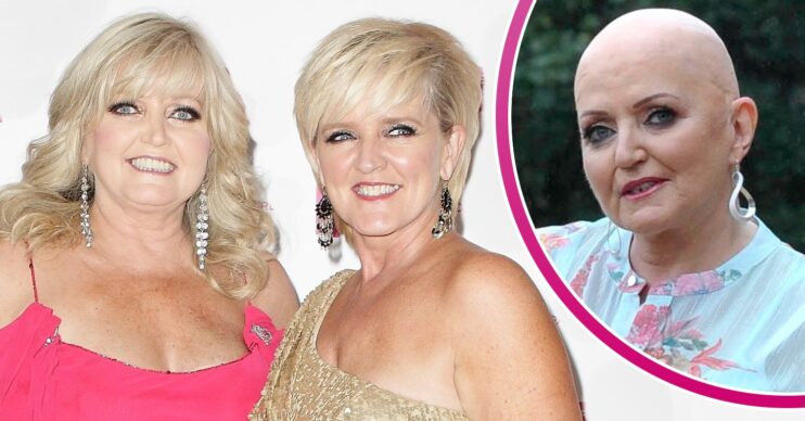 Linda and Bernie Nolan smiling and Linda inset having lost her hair