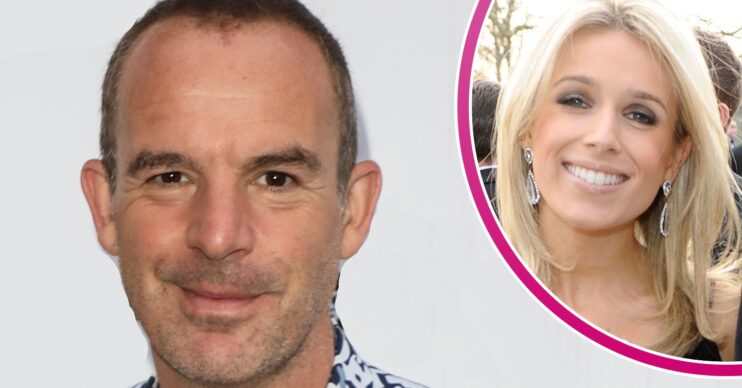 Martin Lewis looking to camera and wife Lara inset smiling