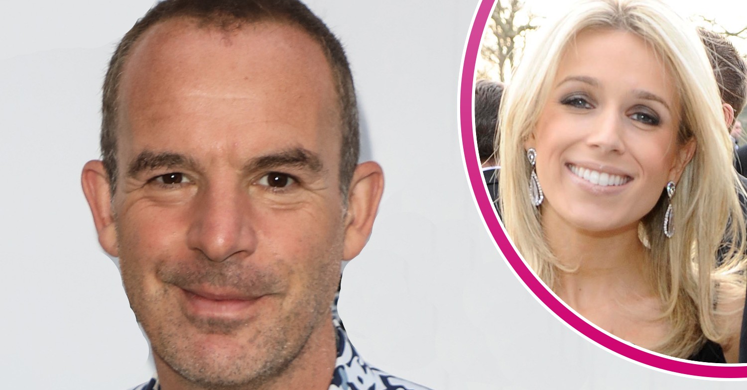Martin Lewis looking to camera and wife Lara inset smiling
