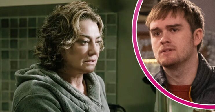 Moira looking distressed on Emmerdale; inset, Tom King looks angry (Credit: ITV/Composite: ED!)