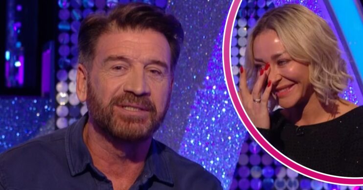 Nick Knowles talking and Luba Mushtuk wiping away tears on Strictly It Takes Two