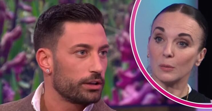 Giovanni Pernice with shocked expression beside a talking Amanda Abbington