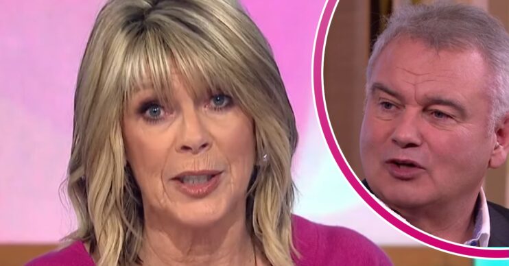 Ruth Langsford with serious expression beside a talking Eamonn Holmes