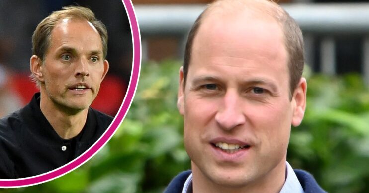 Prince William smiling and Thomas Tuchel on the pitch inset