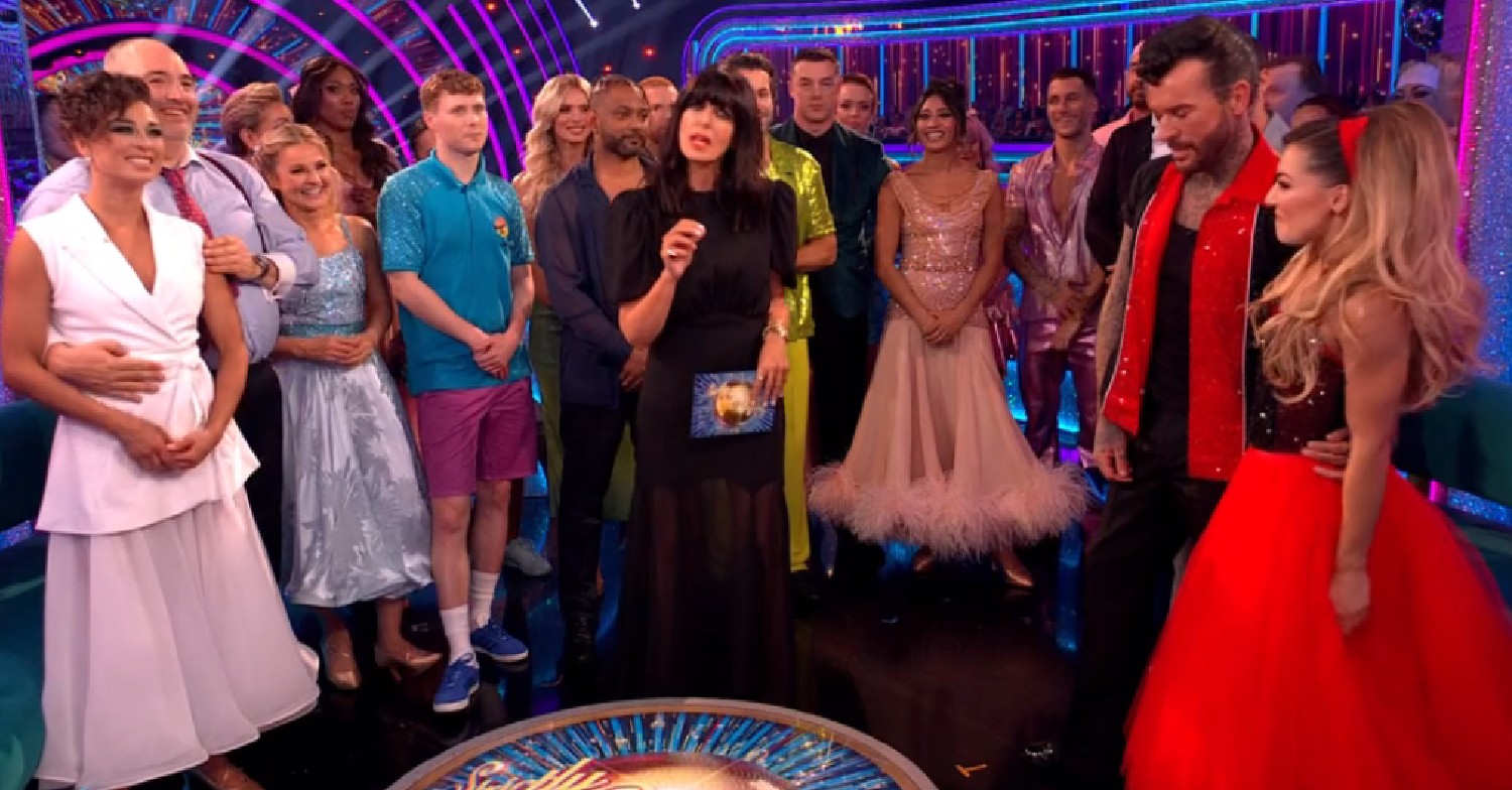 Strictly stars stood around Claudia Winkleman including Wynne Evans and Katya Jones