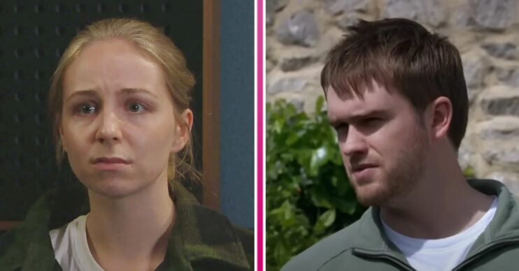 Belle looks scared of Tom on Emmerdale