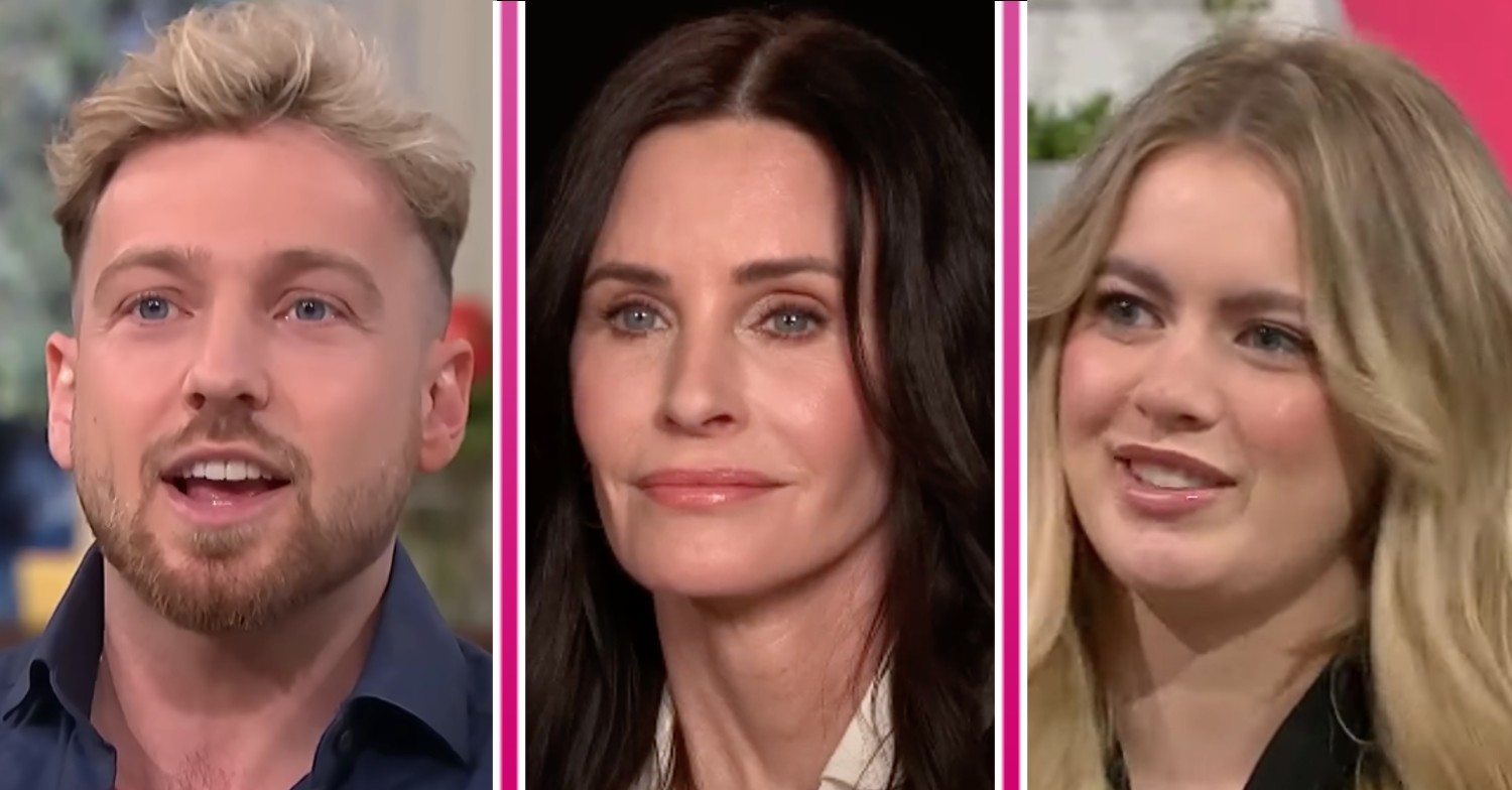 Sam Thompson, Courtney Cox and Tasha Ghouri smiling