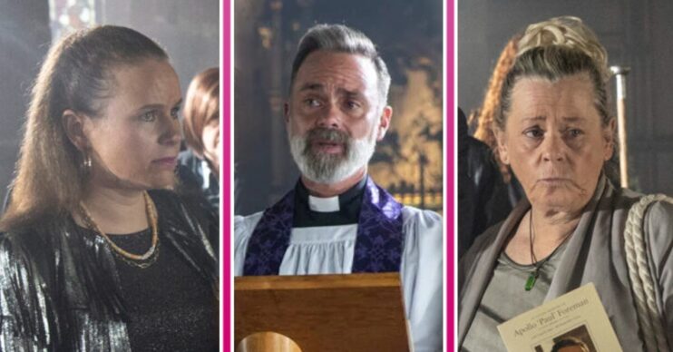 Bernie, Billy and Gemma at Paul's funeral in Corrie