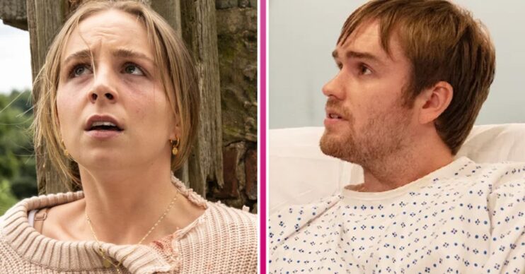 Tom and Belle look scared in Emmerdale