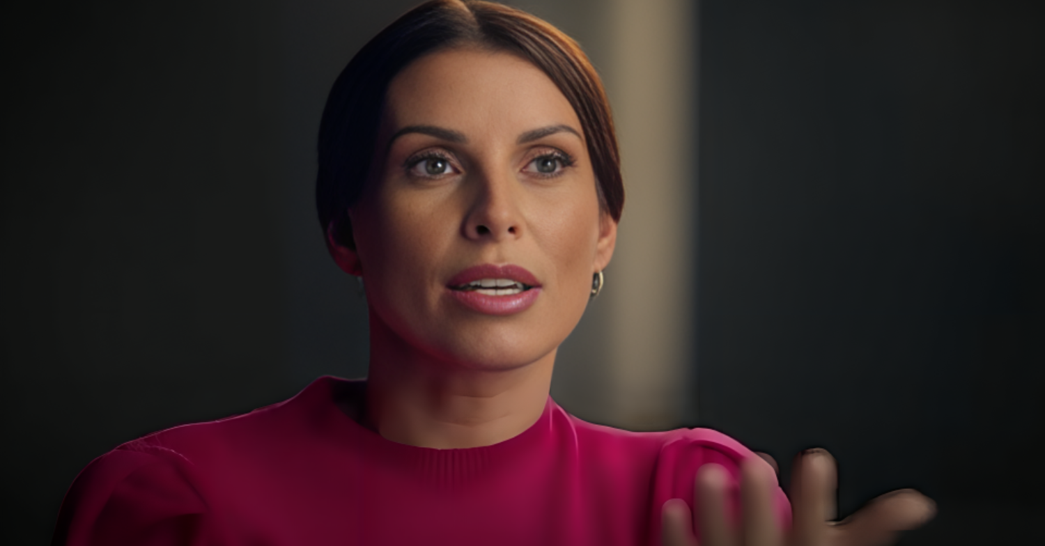 Coleen Rooney is looking concerned as she talked to the camera in Coleen Rooney: The Real Wagatha Story