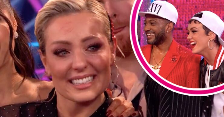 Amy Dowden crying with JB Gill and Lauren Oakley