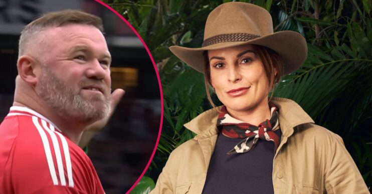 ED! composite of Coleen Rooney in the I'm A Celebrity jungle, with husband Wayne overlaid in his Manchester United football gear