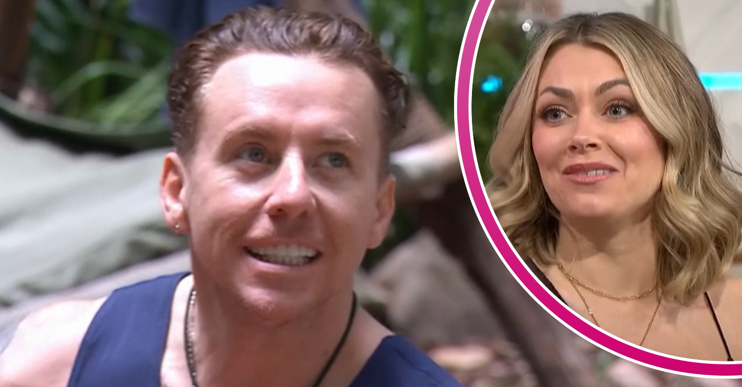 ED! composite of Danny Jones smiling on I'm A Celebrity and his wife on Lorraine