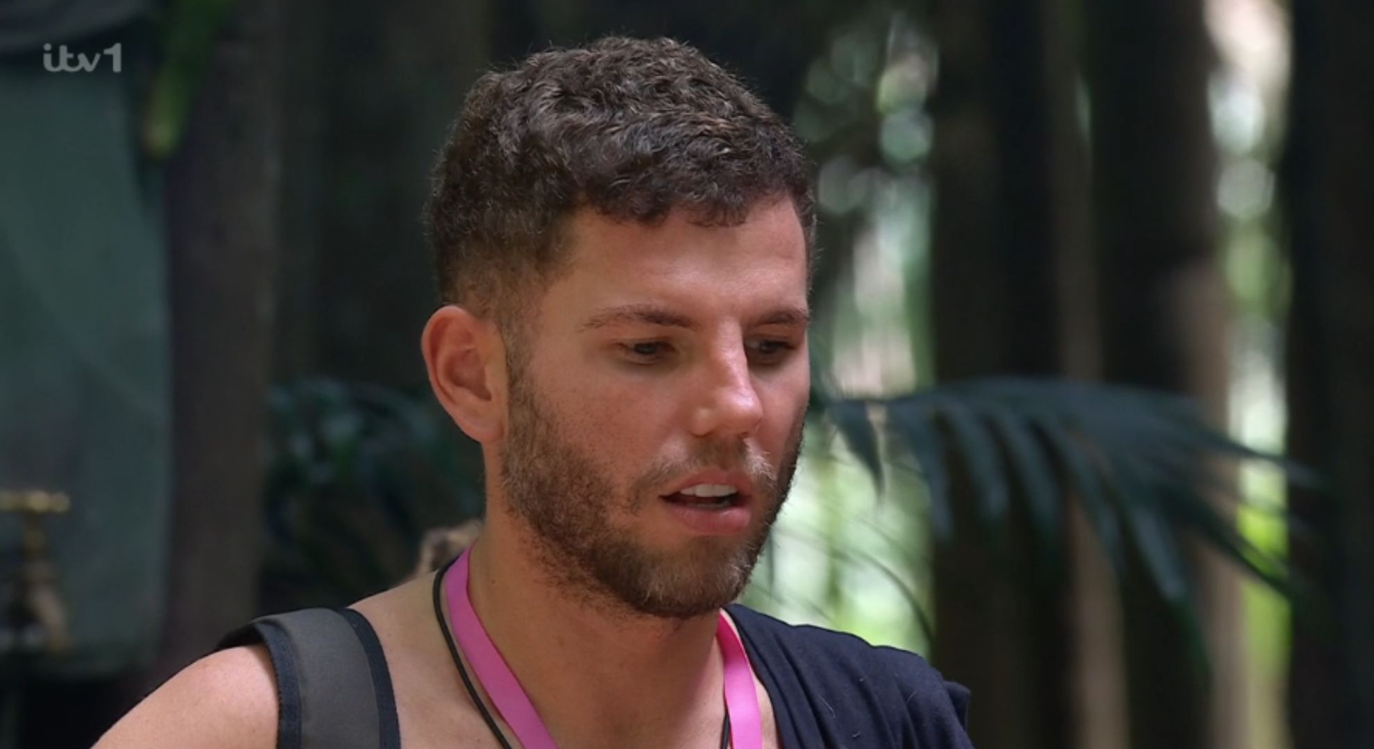 Dean McCullough pulling a face in camp on I'm A Celebrity
