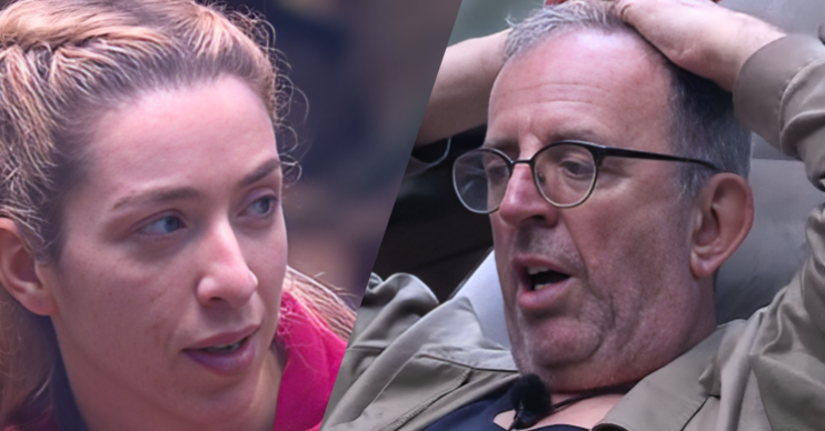 Split image. On the left is GK Barry on I'm a Celebrity, her hair is tied back and she is telling Reverend Richard a story. On the right is Richard Coles with his hands behind his head as he tells GK a story.