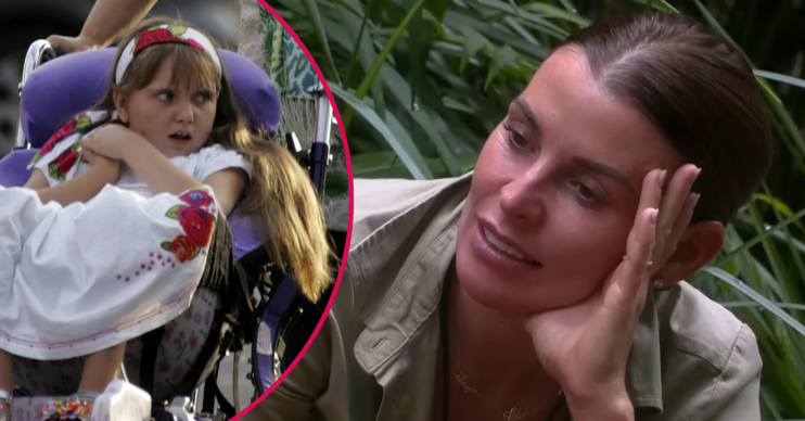 Coleen Rooney speaking in the jungle and her sister inset in a wheelchair