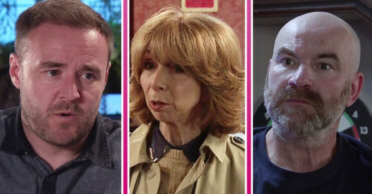 Composite image of Gail, Tyrone and Tim on Corrie, all looking worried (Credit: ITV/Composite: ED!)