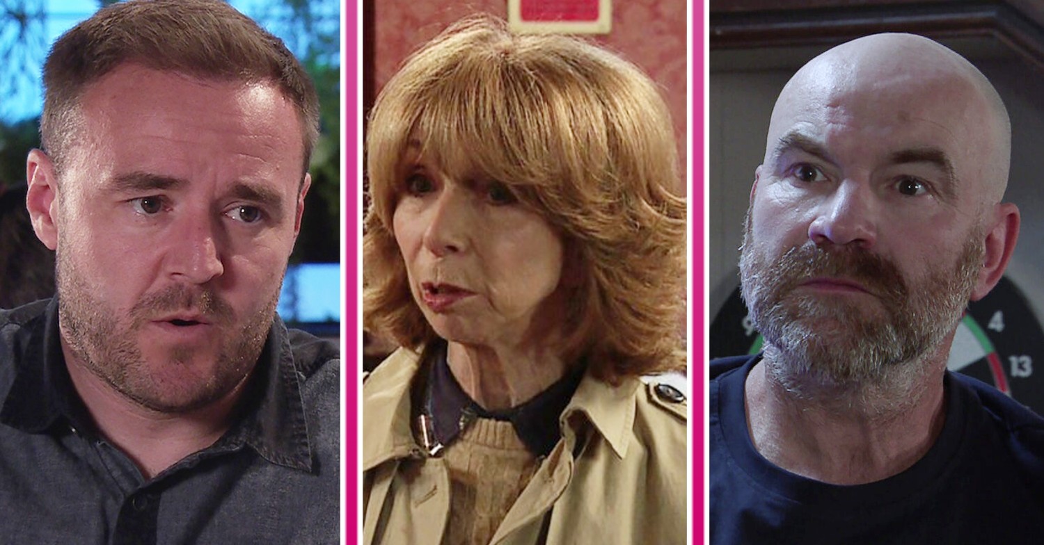 Composite image of Gail, Tyrone and Tim on Corrie, all looking worried (Credit: ITV/Composite: ED!)