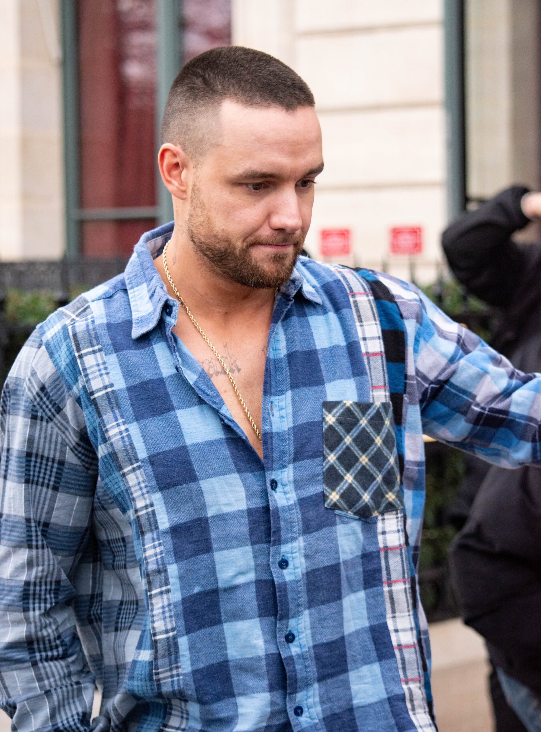 Liam Payne in blue checkered shirt
