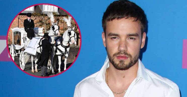 ED! composite of Liam Payne coffin at funeral and singer posing at event