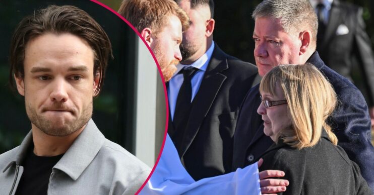 ED! composite of Liam Payne looking downcast and his parents at his funeral