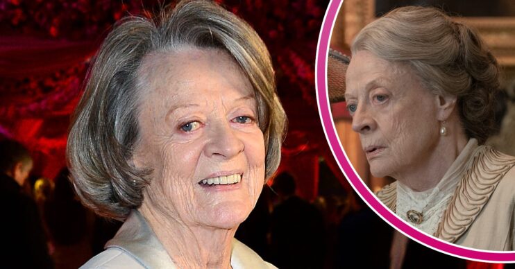 Dame Maggie Smith smiling and inset in Downton Abbey