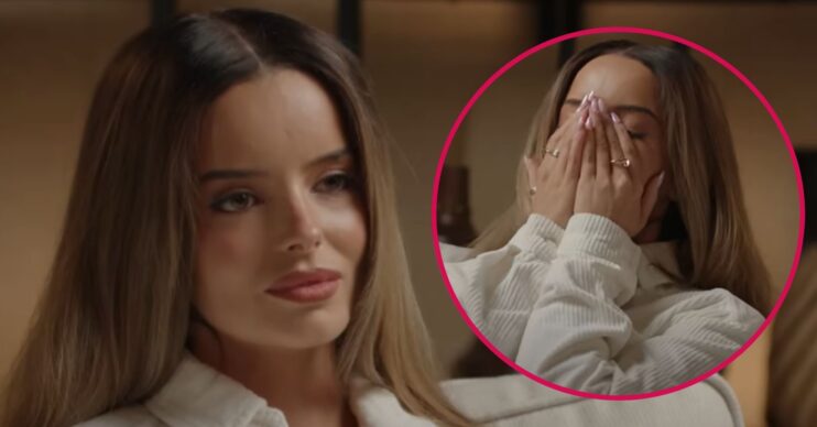 ED! composite of I'm A Celebrity star Maura Higgins looking forward and crying on podcast interview