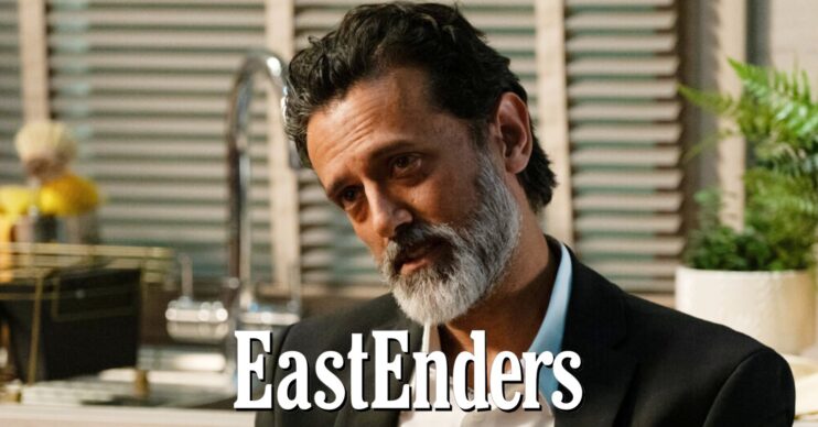 Nish looking evil on EastEnders; logo inset (Credit: BBC/Composite: ED!)