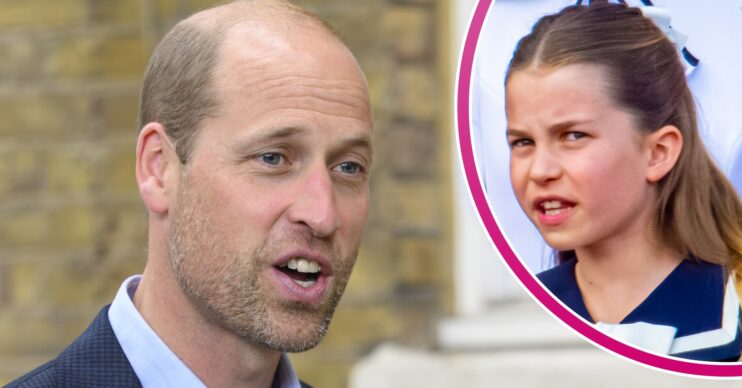 Prince William speaking and Princess Charlotte pulling a face on balcony at Trooping the Colour