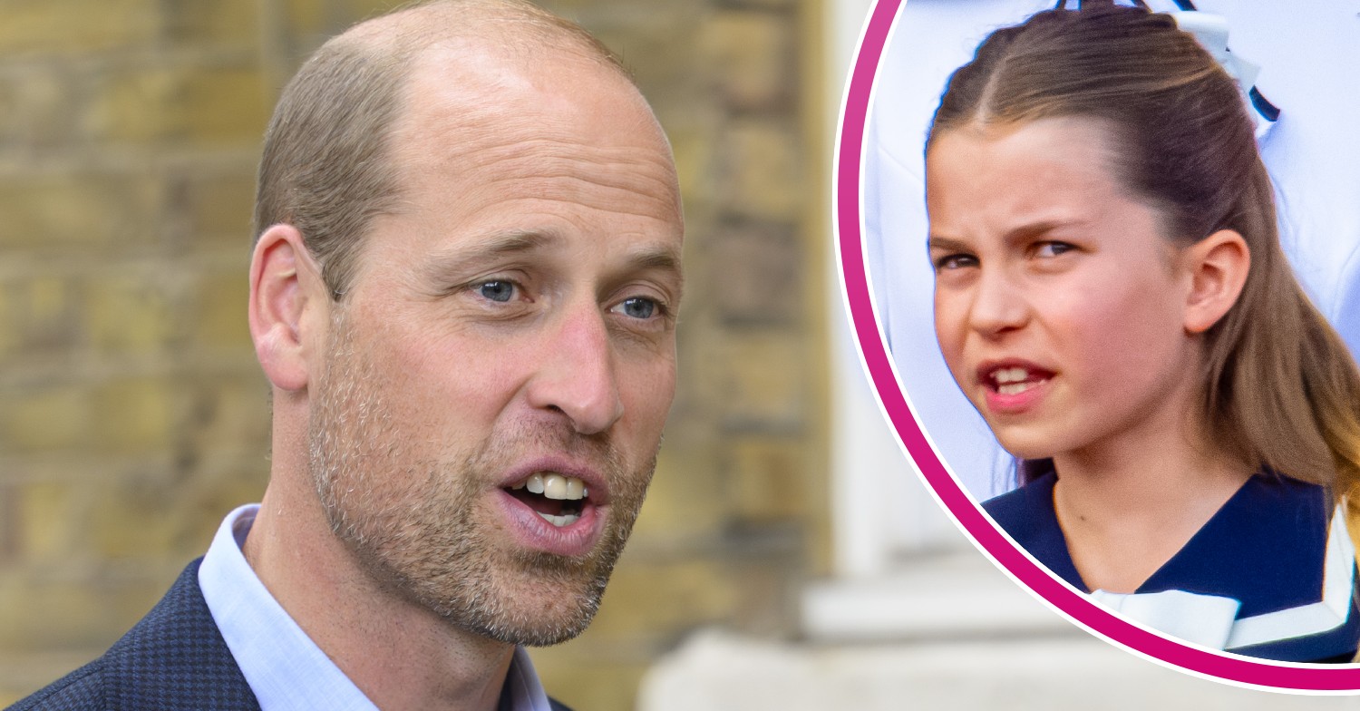 Prince William speaking and Princess Charlotte pulling a face on balcony at Trooping the Colour