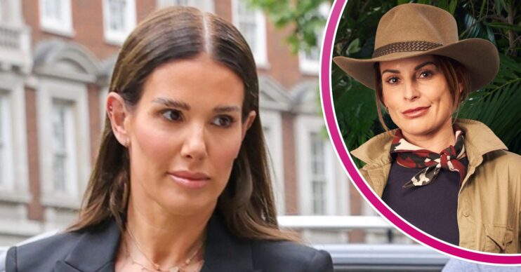 Rebekah Vardy outside court and Coleen Rooney smiling in official I'm A Celebrity photo