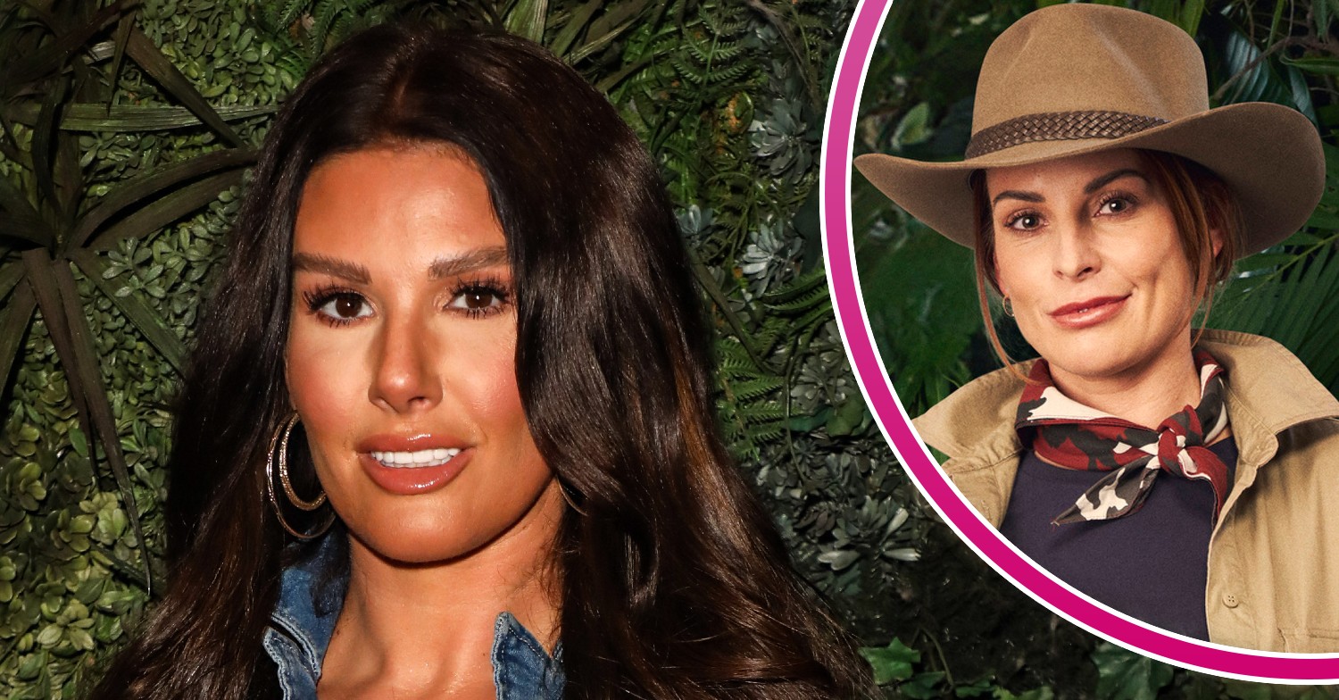 Rebekah Vardy smiling at event and Coleen Rooney in I'm A Celebrity official pic